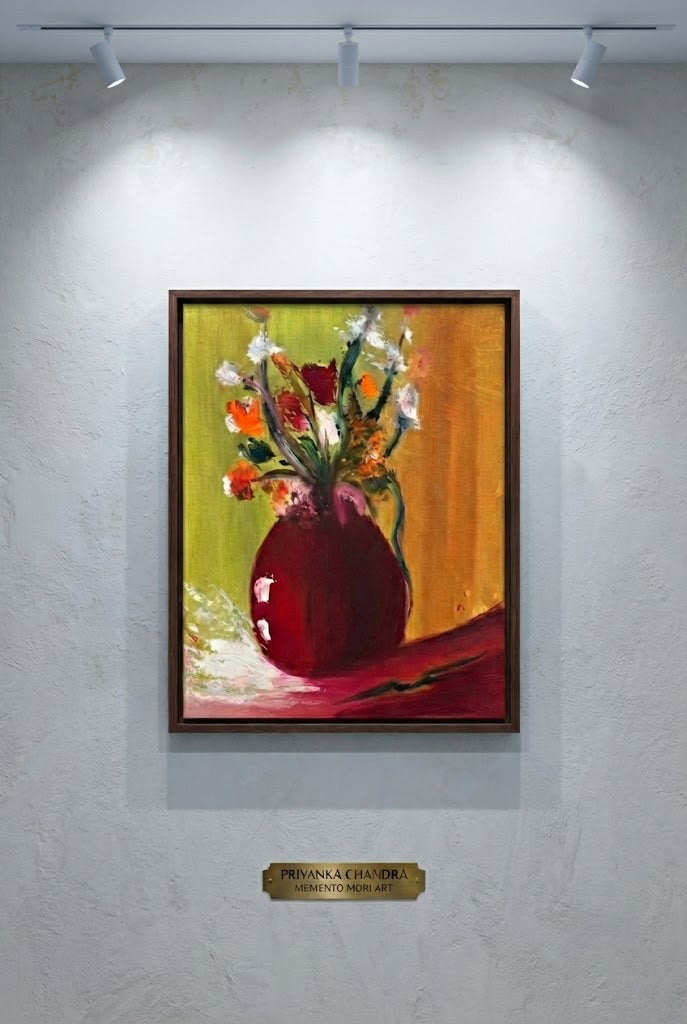Memento Mori original artwork by Priyanka Chandra — floral painting with red vase displayed in gallery, inspiration for DOKAI collection by GEEMEEO