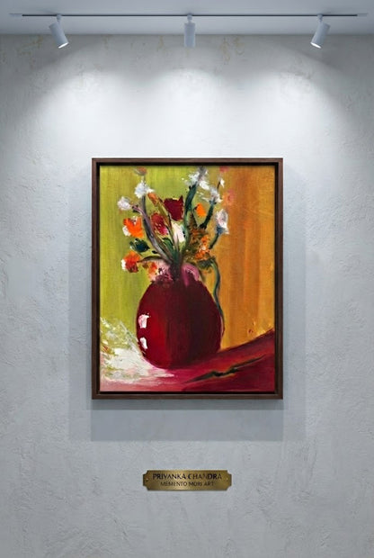 Memento Mori original artwork by Priyanka Chandra — floral painting with red vase displayed in gallery, inspiration for DOKAI collection by GEEMEEO