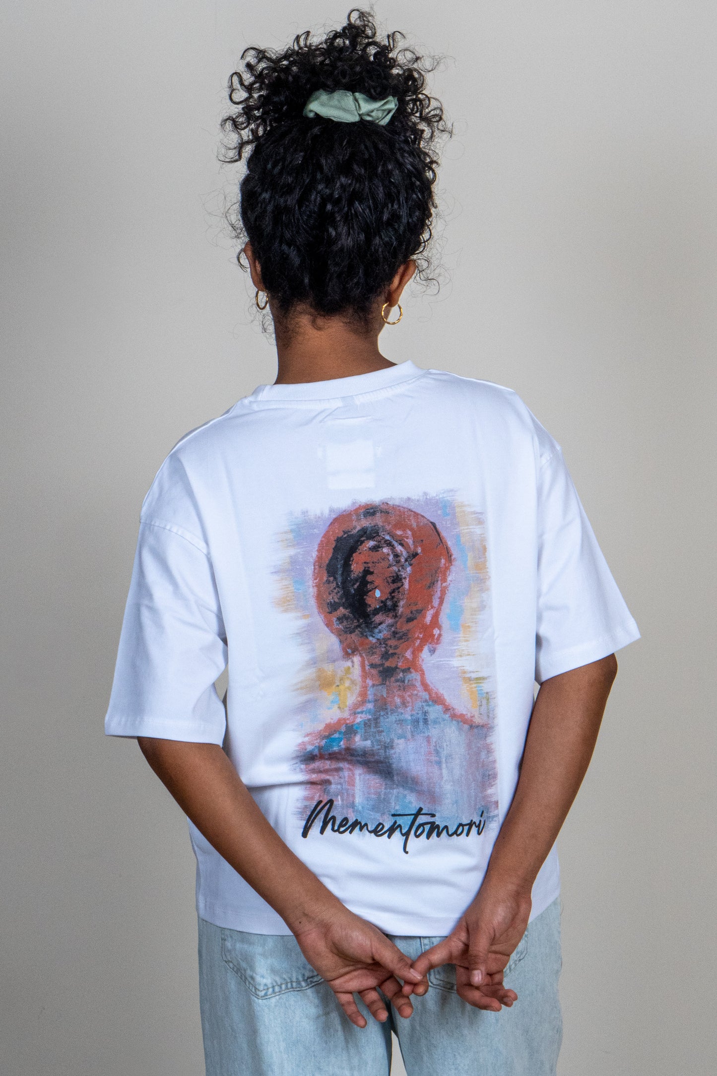 Model wearing Kyoko Oversized T-shirt — Memento Mori wearable art by GEEMEEO