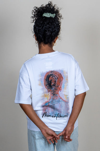 Model wearing Kyoko Oversized T-shirt — Memento Mori wearable art by GEEMEEO