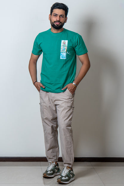 Model wearing Sooka Regular Fit T-shirt — Memento Mori wearable art by GEEMEEO