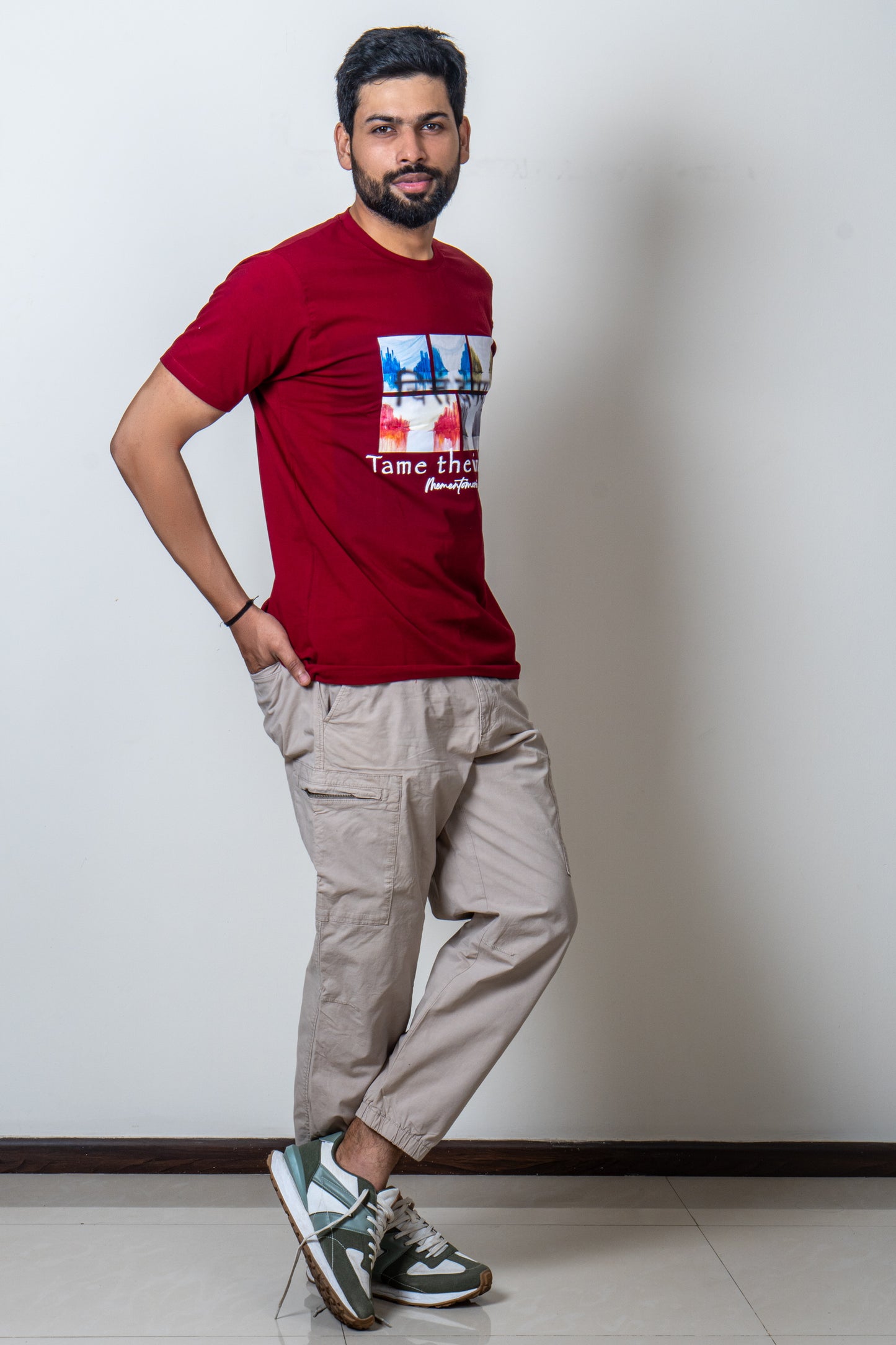 Model wearing Sooma Regular Fit T-shirt — Memento Mori wearable art by GEEMEEO